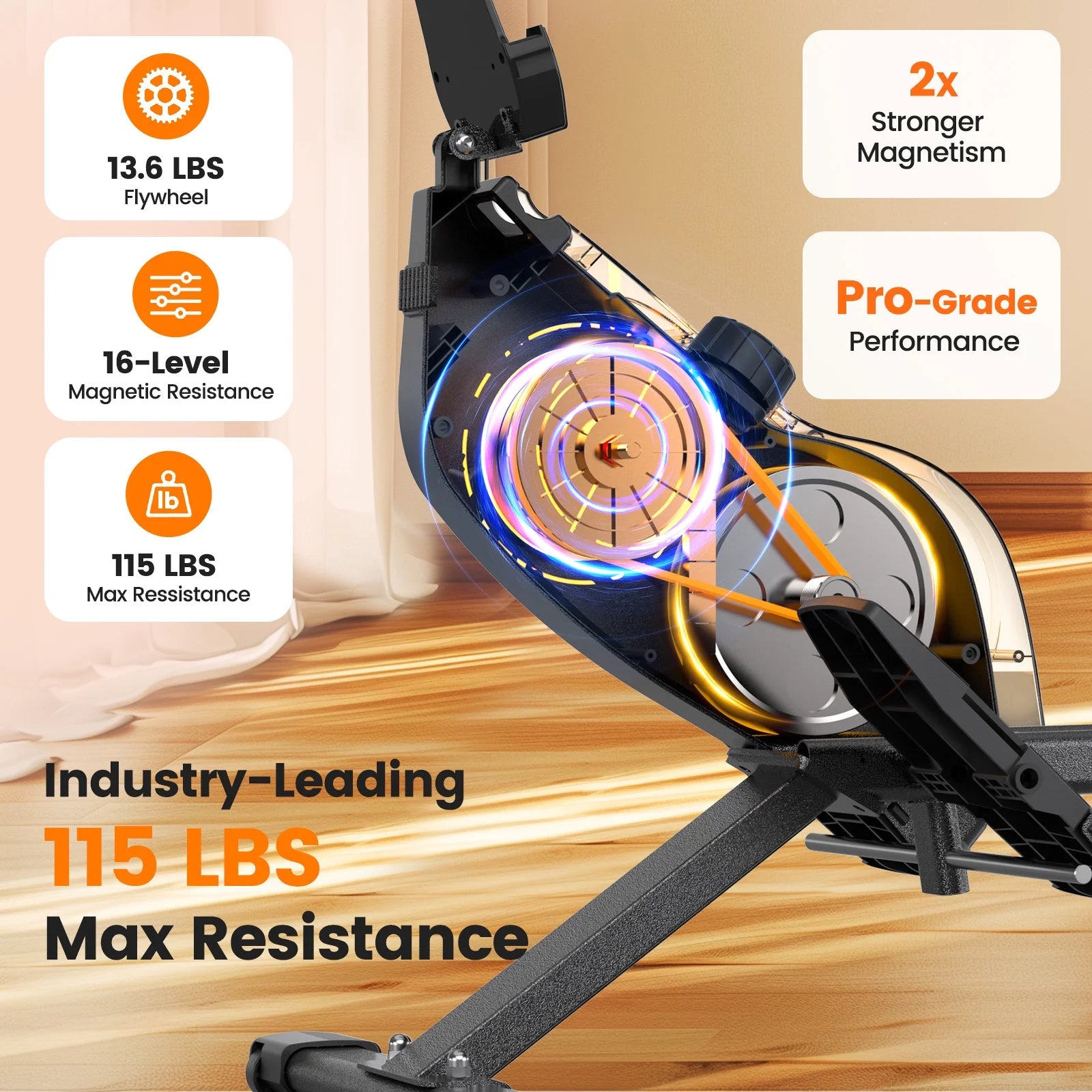 Magnetic Rowing Machine 350 LB Weight Capacity , Foldable Rower for Home Use with 16-Level Max 115Lbs Adjustable Resistance and Bluetooth