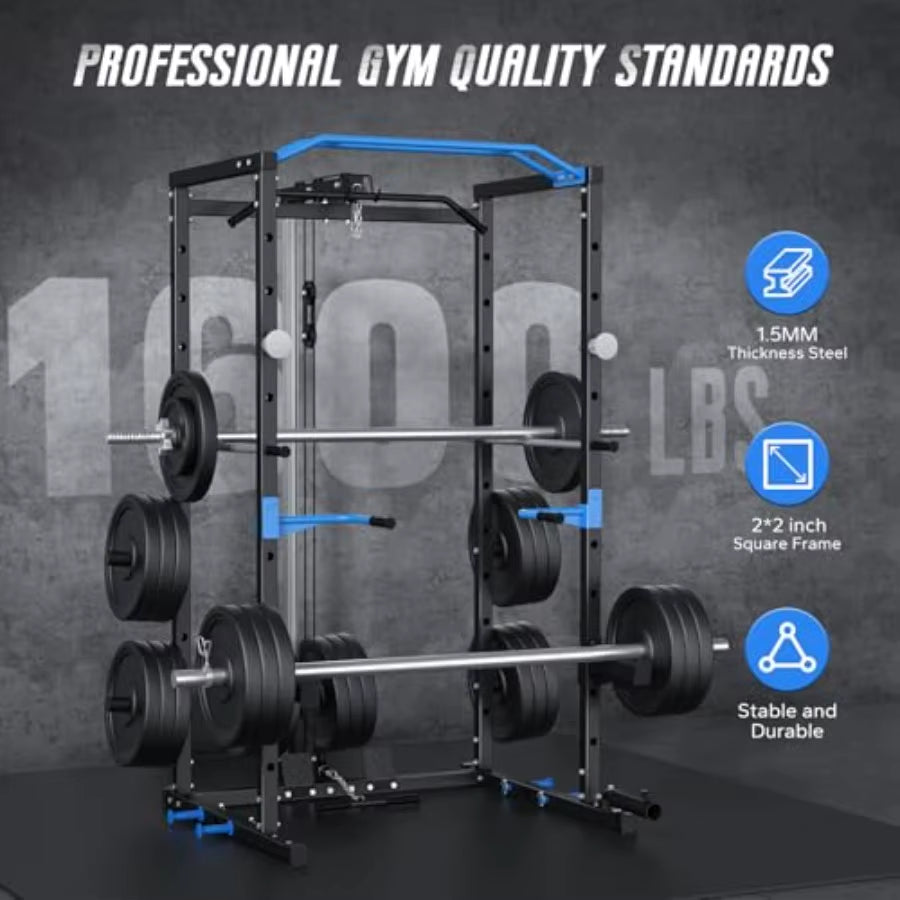 Power Cage Multifunctional Squat Rack for Home Gym with Cable Crossover System 1600LBS Weight Capacity Strength Training Equipm
