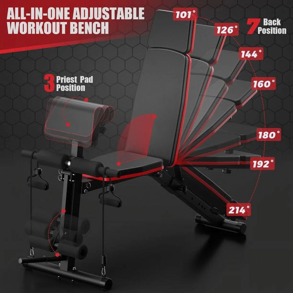7 Positions Adjustable Weight Bench with Extended Headrest and Leg Extension,Foldable Workout Bench Weight Bench Press for Full Body Strength Training,Maximum Weight 770 Lbs.
