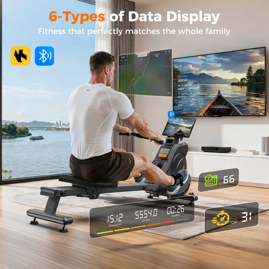 Magnetic Rowing Machine for Home Workout, 350 Lb Capacity, 16 Levels of Quiet Magnetic Resistance, Rower Machine Use with Bluetooth, App Supported