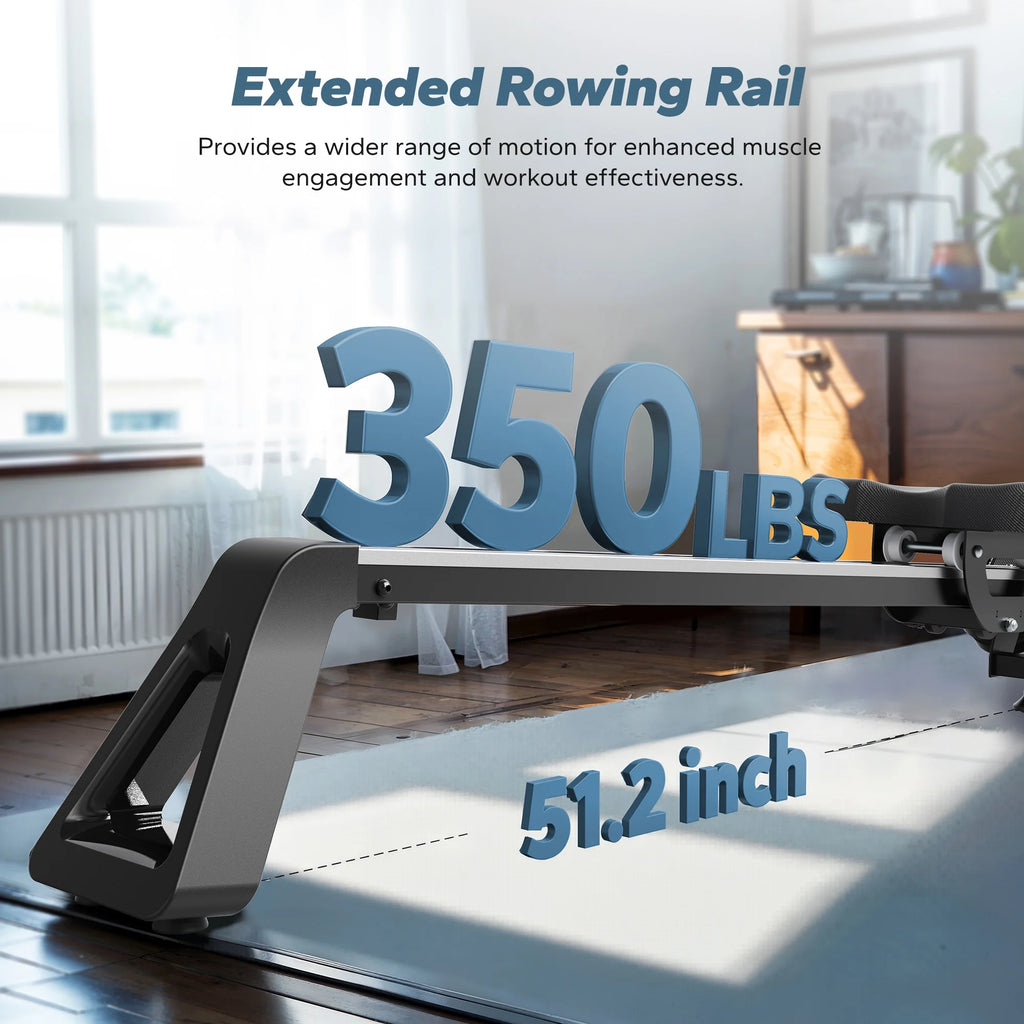 Magnetic Rowing Machines for Home, Quiet Row Machine with 51.2" Extended Rail, 16-Level Powerful Magnetic Rower and 350 LBS Weight Capacity