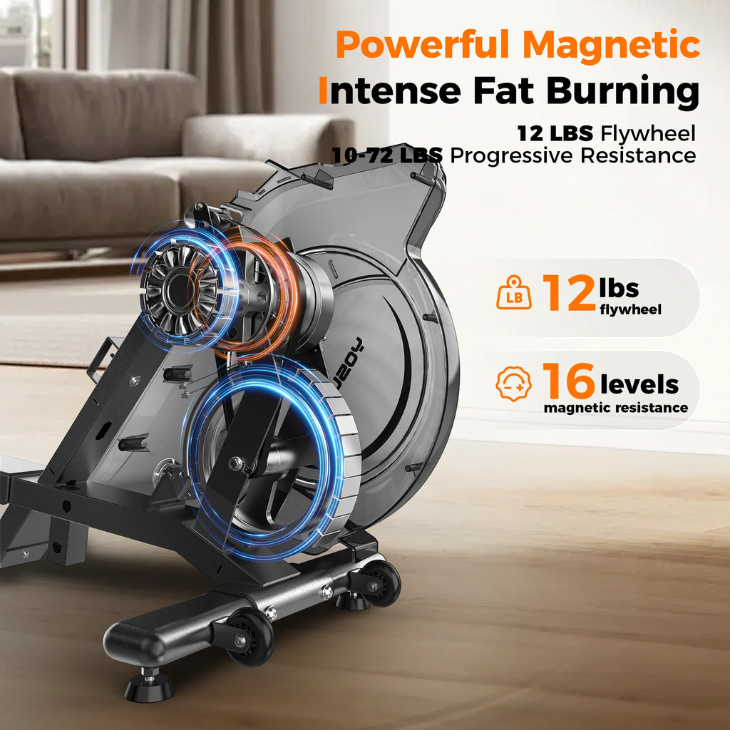 Magnetic Rowing Machine for Home Workout, 350 Lb Capacity, 16 Levels of Quiet Magnetic Resistance, Rower Machine Use with Bluetooth, App Supported