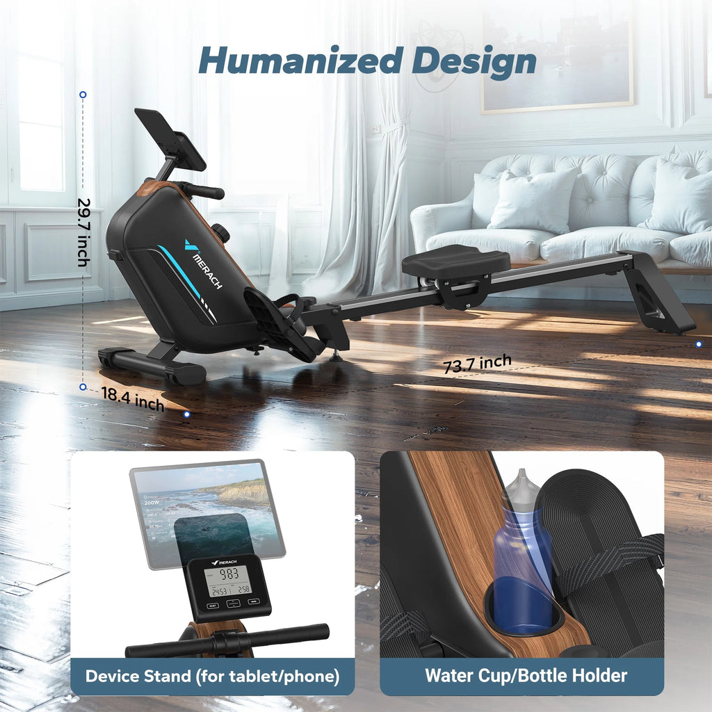 Magnetic Rowing Machines for Home, Quiet Row Machine with 51.2" Extended Rail, 16-Level Powerful Magnetic Rower and 350 LBS Weight Capacity