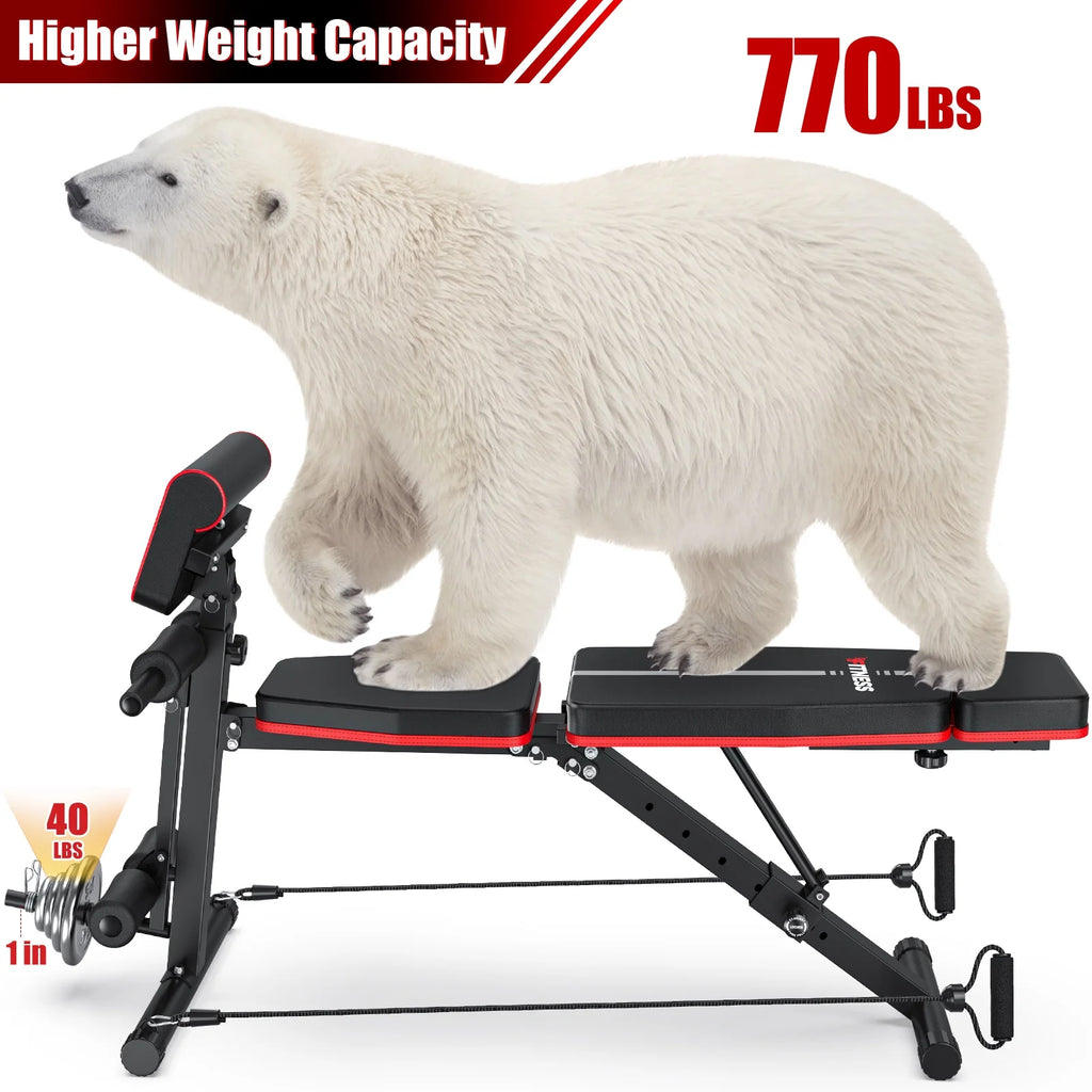 7 Positions Adjustable Weight Bench with Extended Headrest and Leg Extension,Foldable Workout Bench Weight Bench Press for Full Body Strength Training,Maximum Weight 770 Lbs.