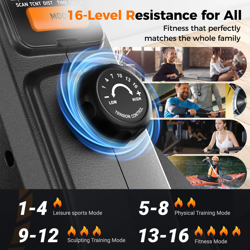 Magnetic Rowing Machine for Home Workout, 350 Lb Capacity, 16 Levels of Quiet Magnetic Resistance, Rower Machine Use with Bluetooth, App Supported